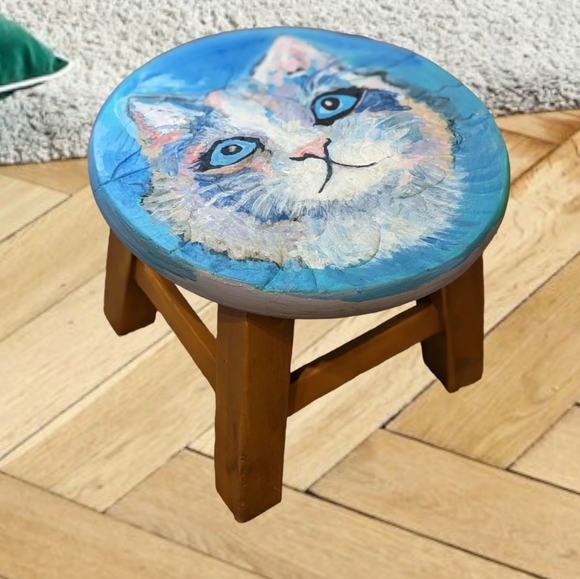 Handcrafted foot rest step/stool Signed painting cat portrait:Max sees sky ☀️ - Picture 5 of 16